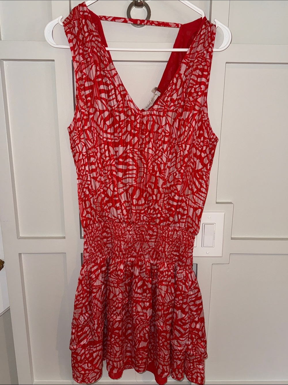Ramy Brook Red Pink Metallic Smocked Tiered Mini Dress